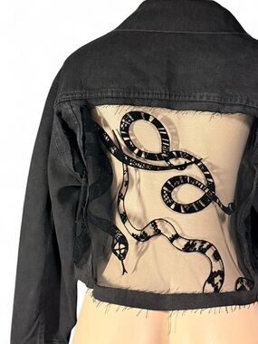 Black Cropped Jacket with Embroidered Snake Back Panel